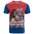 Personalized Newcastle Knights T Shirt Easter Mascot - Colorful Eggs Cartoon Style