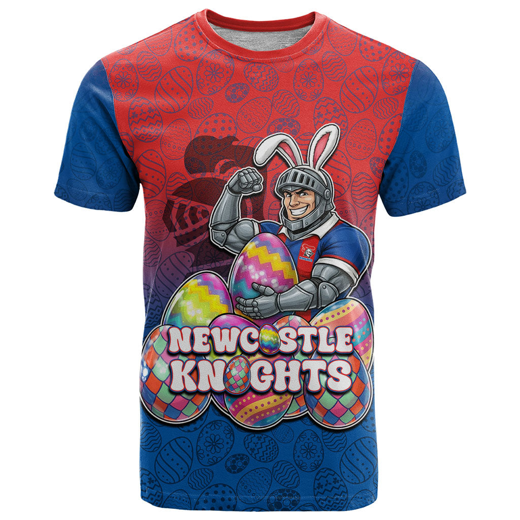 Personalized Newcastle Knights T Shirt Easter Mascot - Colorful Eggs Cartoon Style