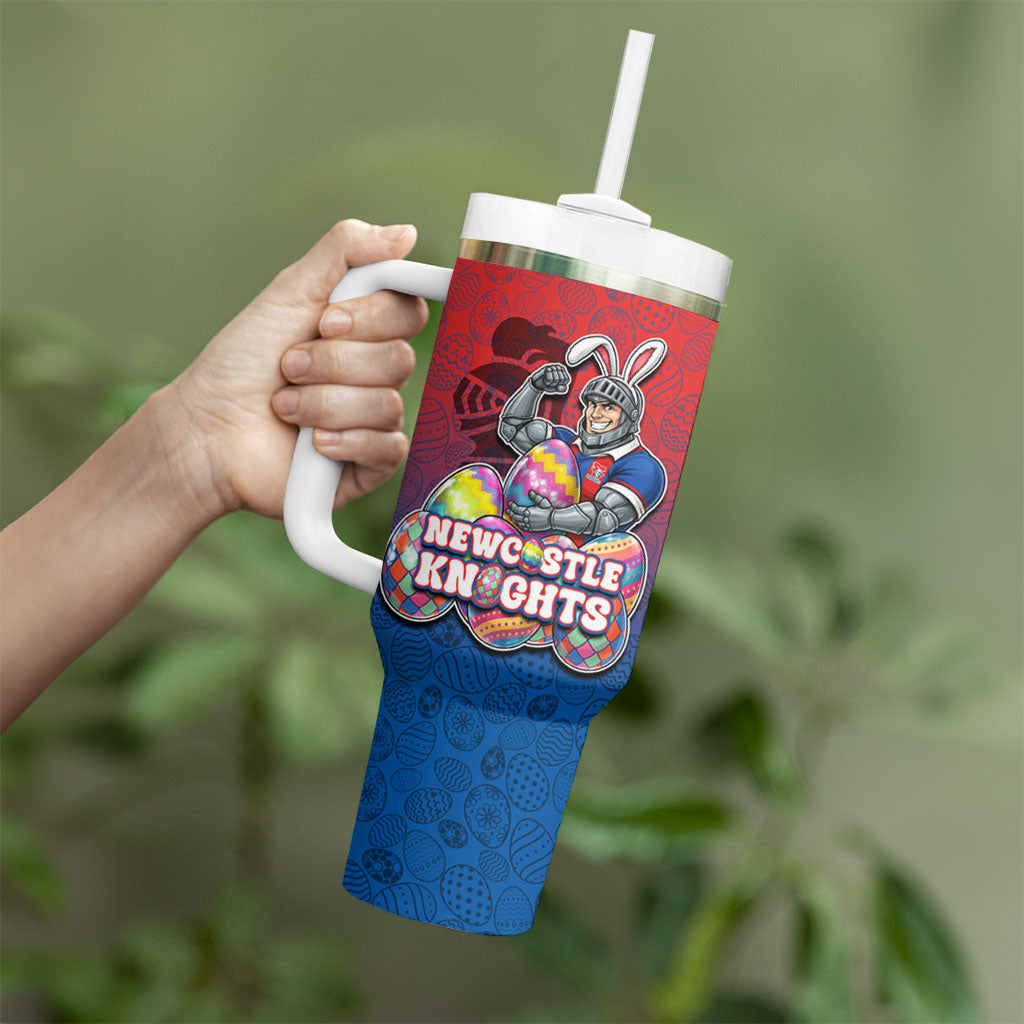 Personalized Newcastle Knights Tumbler With Handle Easter Mascot - Colorful Eggs Cartoon Style