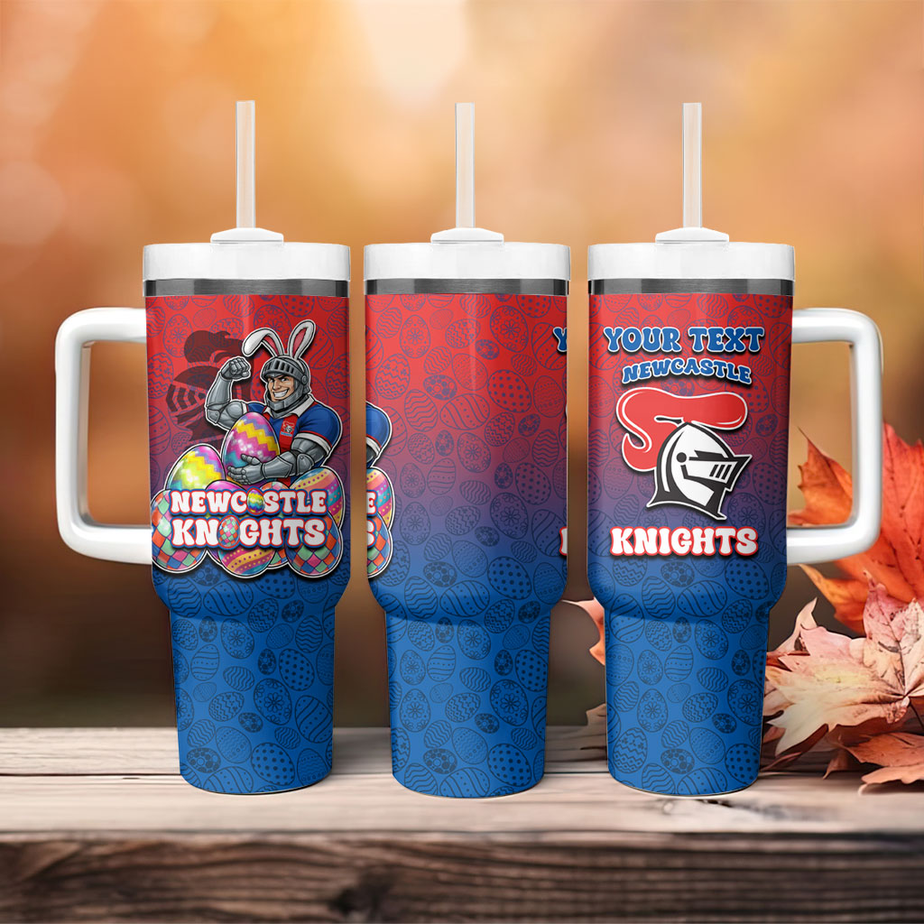 Personalized Newcastle Knights Tumbler With Handle Easter Mascot - Colorful Eggs Cartoon Style