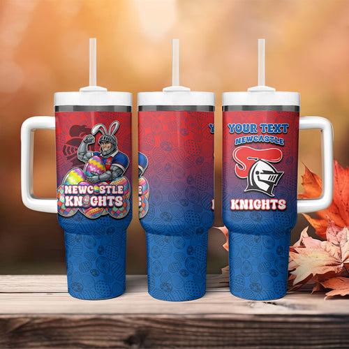 Personalized Newcastle Knights Tumbler With Handle Easter Mascot - Colorful Eggs Cartoon Style