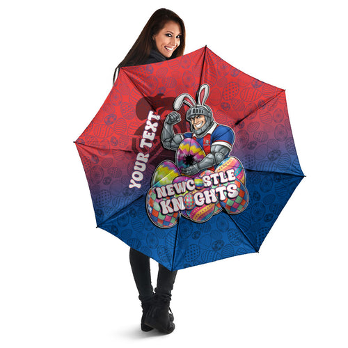 Personalized Newcastle Knights Umbrella Easter Mascot - Colorful Eggs Cartoon Style