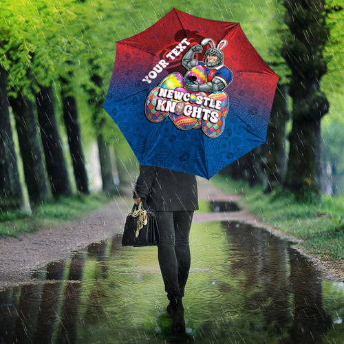 Personalized Newcastle Knights Umbrella Easter Mascot - Colorful Eggs Cartoon Style