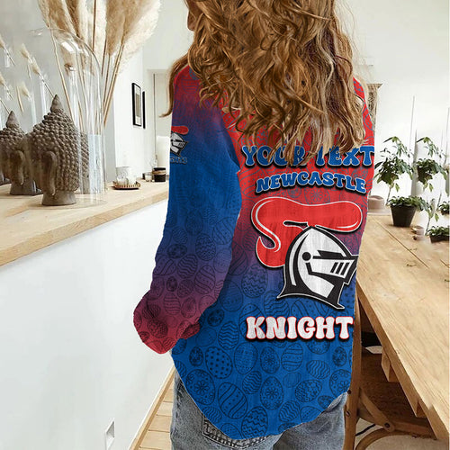 Personalized Newcastle Knights Women Casual Shirt Easter Mascot - Colorful Eggs Cartoon Style