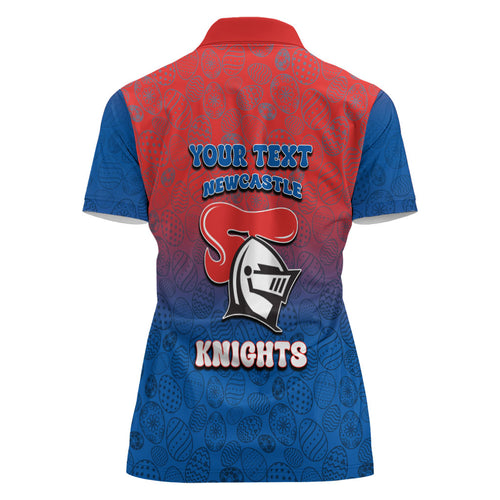 Personalized Newcastle Knights Women Polo Shirt Easter Mascot - Colorful Eggs Cartoon Style
