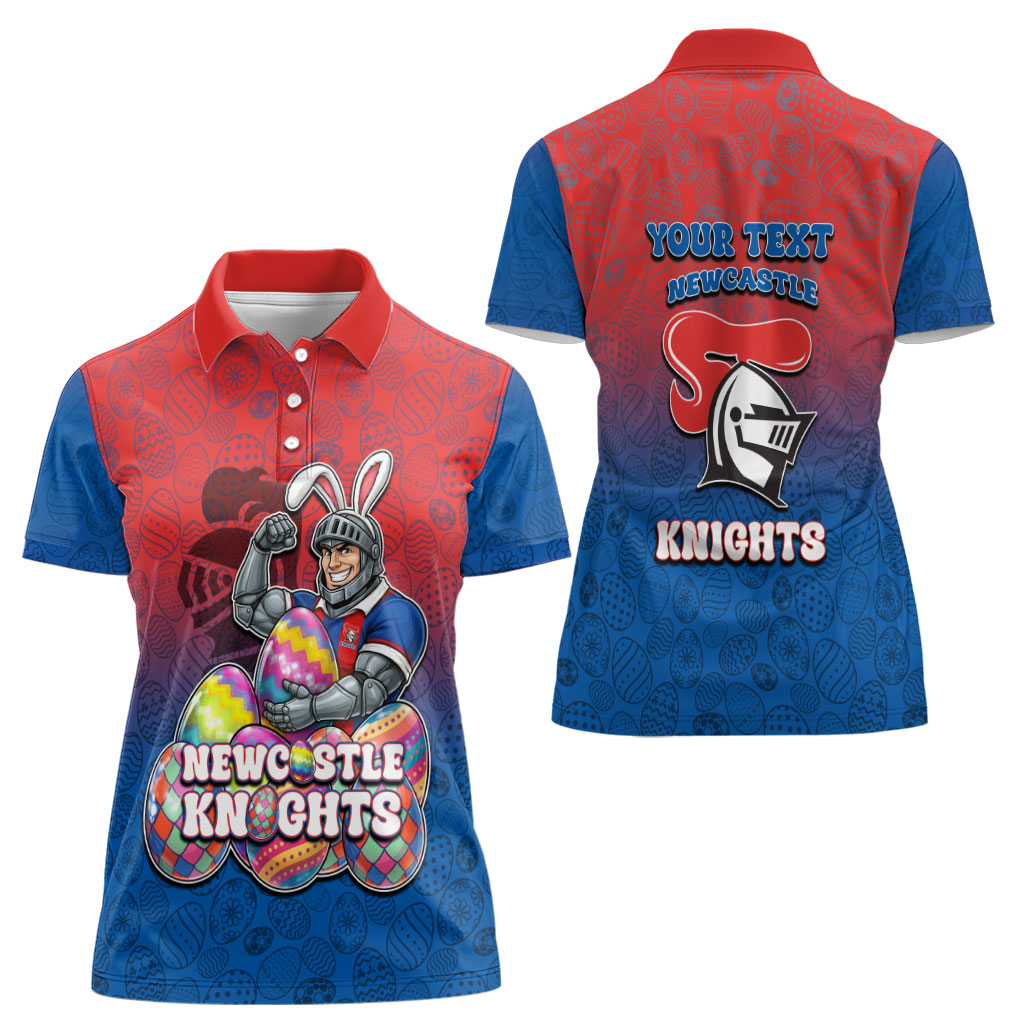 Personalized Newcastle Knights Women Polo Shirt Easter Mascot - Colorful Eggs Cartoon Style