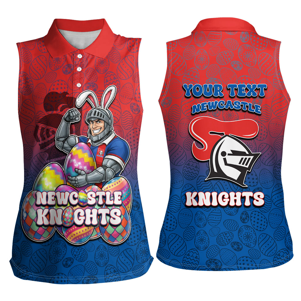 Personalized Newcastle Knights Women Sleeveless Polo Shirt Easter Mascot - Colorful Eggs Cartoon Style