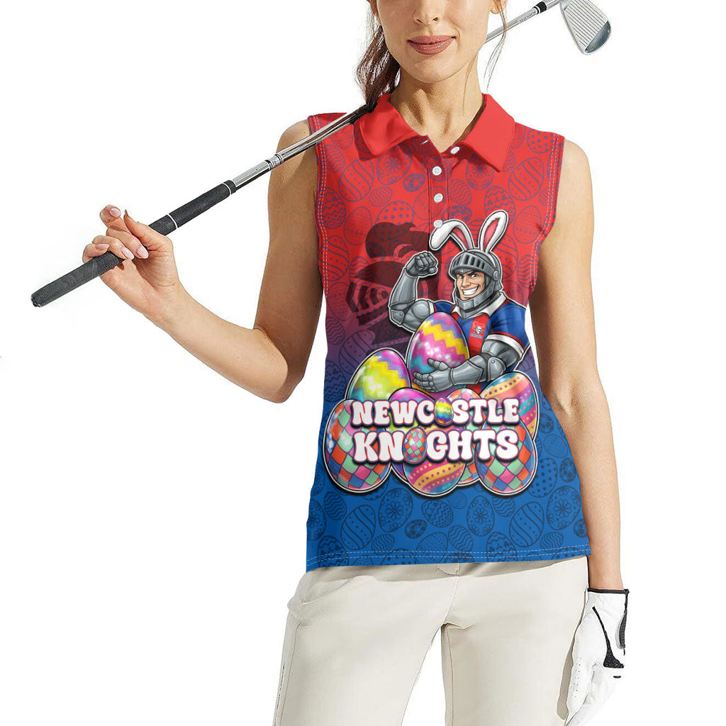 Personalized Newcastle Knights Women Sleeveless Polo Shirt Easter Mascot - Colorful Eggs Cartoon Style