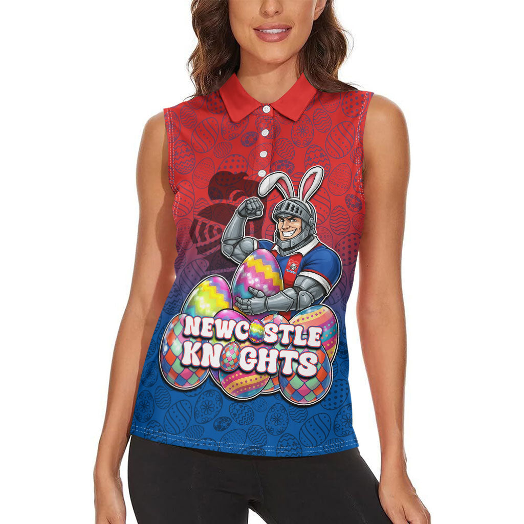 Personalized Newcastle Knights Women Sleeveless Polo Shirt Easter Mascot - Colorful Eggs Cartoon Style