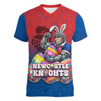 Personalized Newcastle Knights Women V-Neck T-Shirt Easter Mascot - Colorful Eggs Cartoon Style