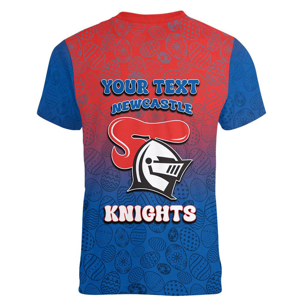 Personalized Newcastle Knights Women V-Neck T-Shirt Easter Mascot - Colorful Eggs Cartoon Style