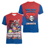 Personalized Newcastle Knights Women V-Neck T-Shirt Easter Mascot - Colorful Eggs Cartoon Style
