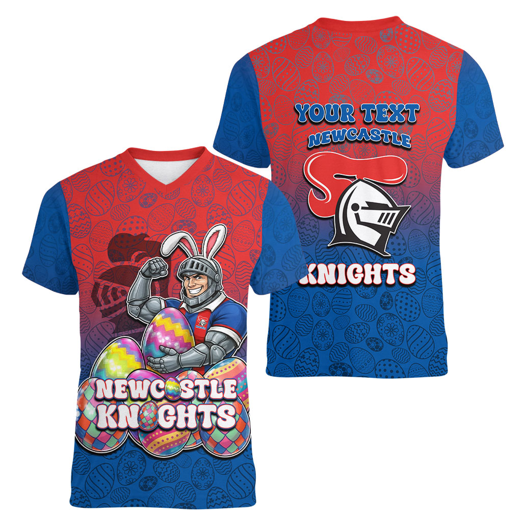 Personalized Newcastle Knights Women V-Neck T-Shirt Easter Mascot - Colorful Eggs Cartoon Style