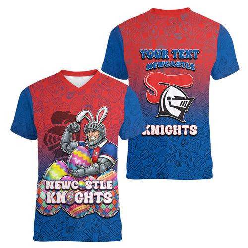 Personalized Newcastle Knights Women V-Neck T-Shirt Easter Mascot - Colorful Eggs Cartoon Style