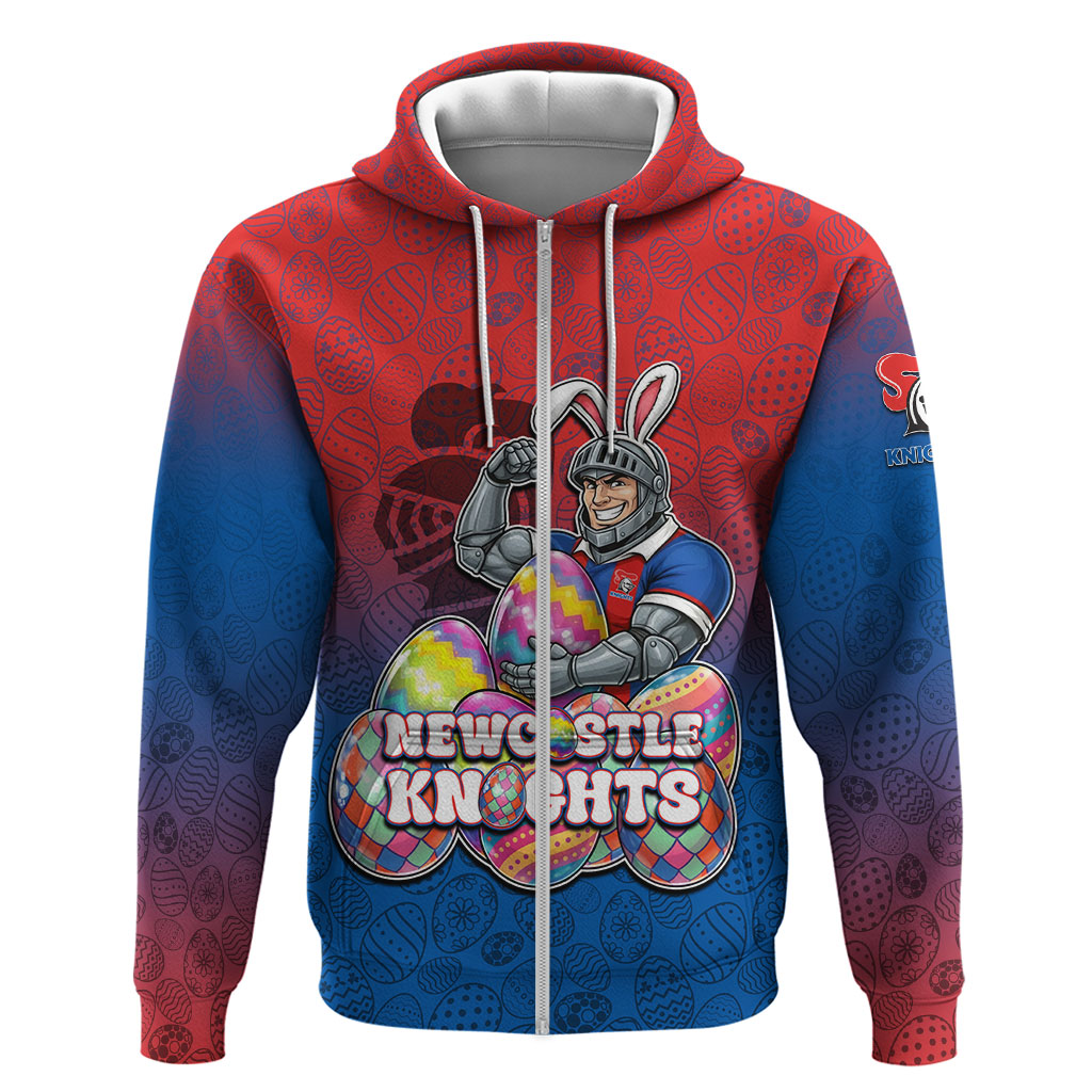 Personalized Newcastle Knights Zip Hoodie Easter Mascot - Colorful Eggs Cartoon Style