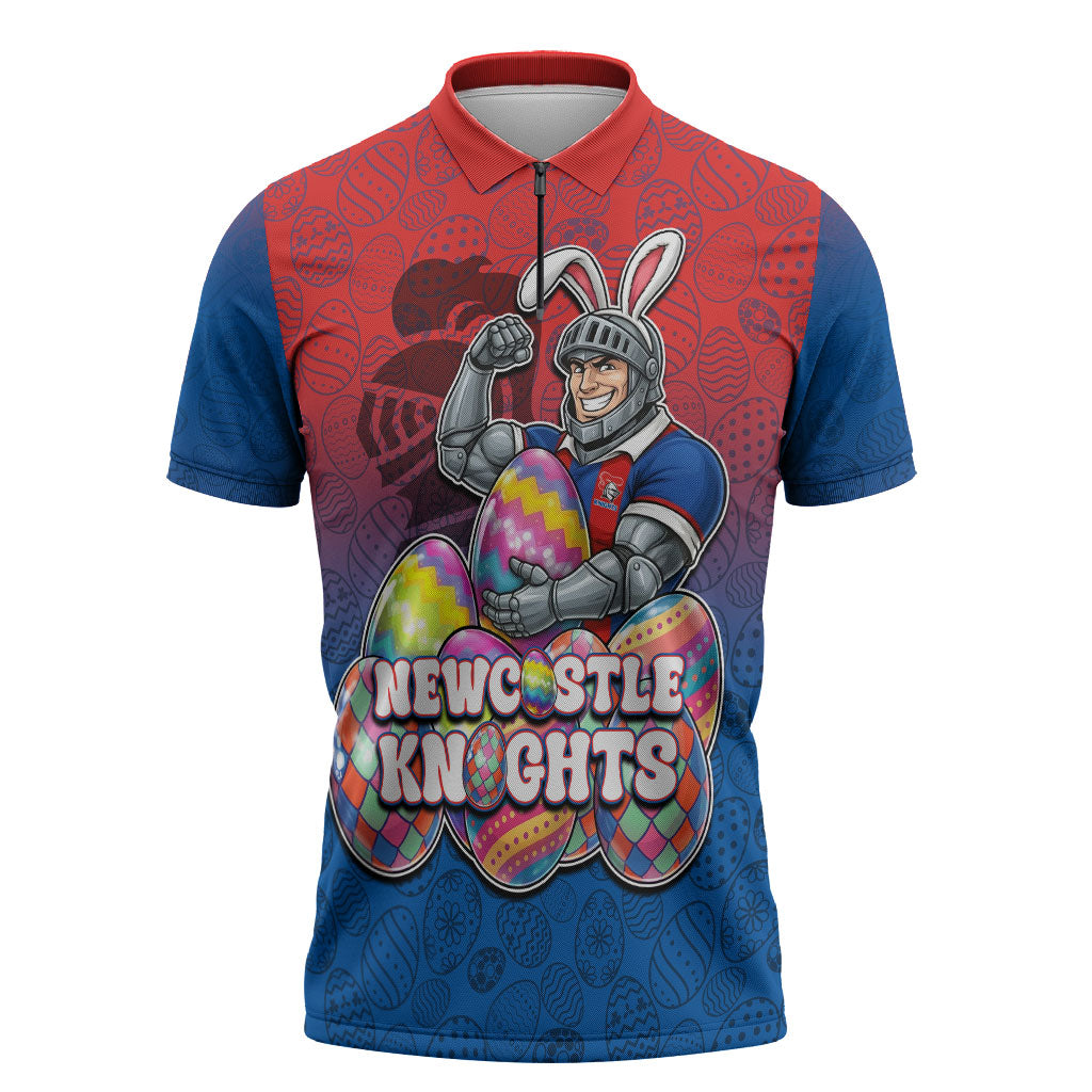 Personalized Newcastle Knights Zipper Polo Shirt Easter Mascot - Colorful Eggs Cartoon Style