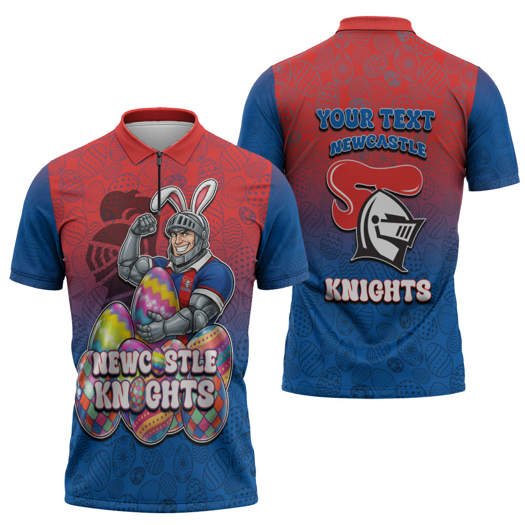 Personalized Newcastle Knights Zipper Polo Shirt Easter Mascot - Colorful Eggs Cartoon Style
