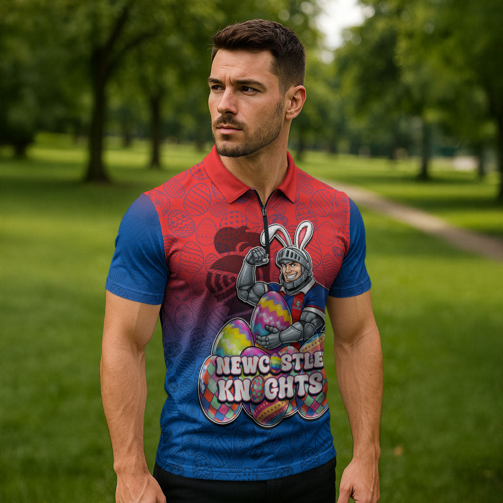 Personalized Newcastle Knights Zipper Polo Shirt Easter Mascot - Colorful Eggs Cartoon Style
