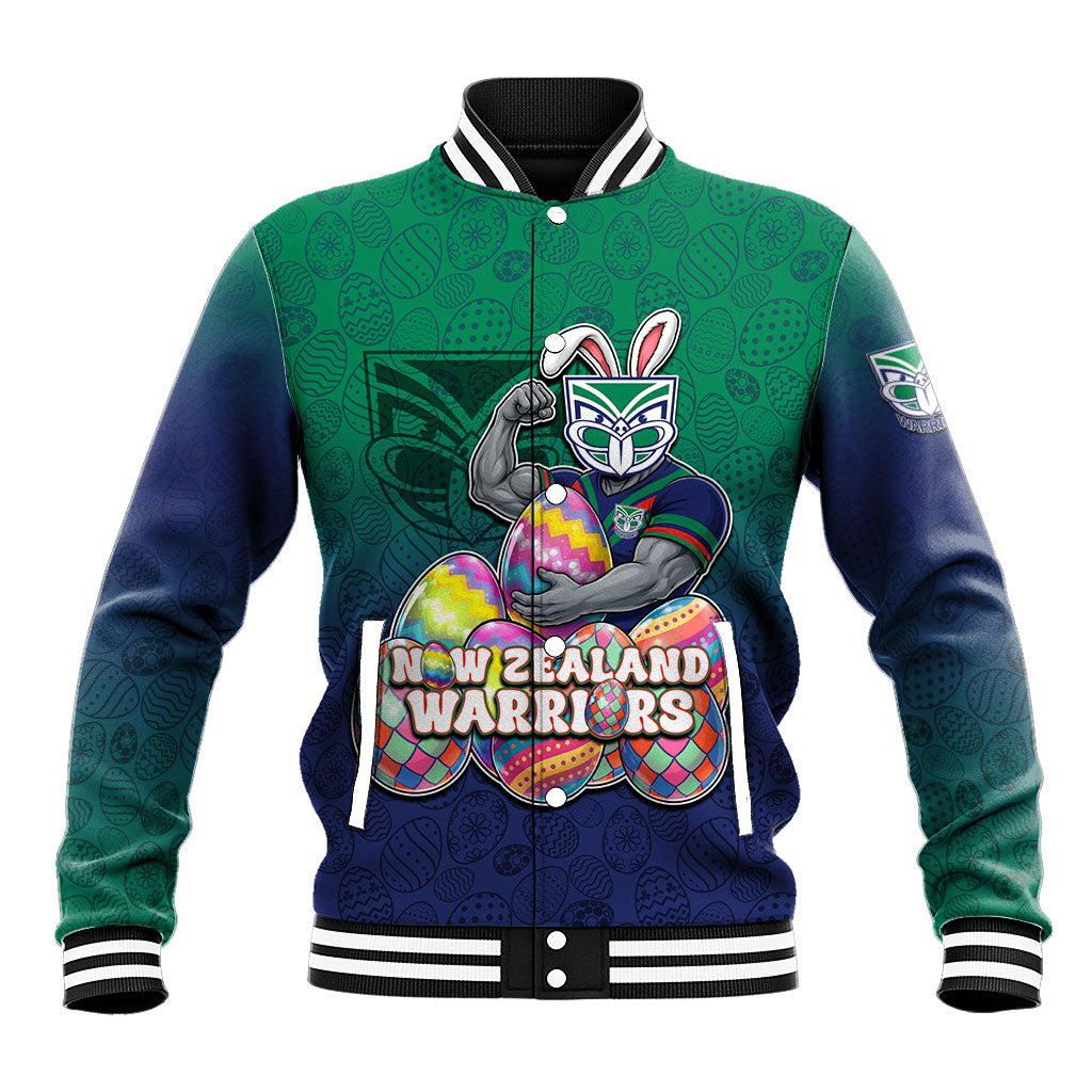 Personalized New Zealand Warriors Baseball Jacket Easter Mascot - Colorful Eggs Cartoon Style