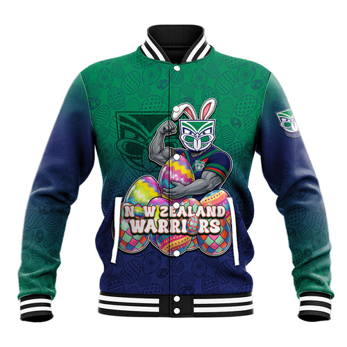 Personalized New Zealand Warriors Baseball Jacket Easter Mascot - Colorful Eggs Cartoon Style
