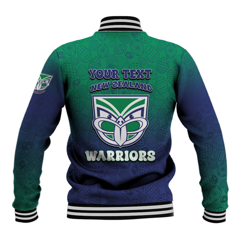 Personalized New Zealand Warriors Baseball Jacket Easter Mascot - Colorful Eggs Cartoon Style