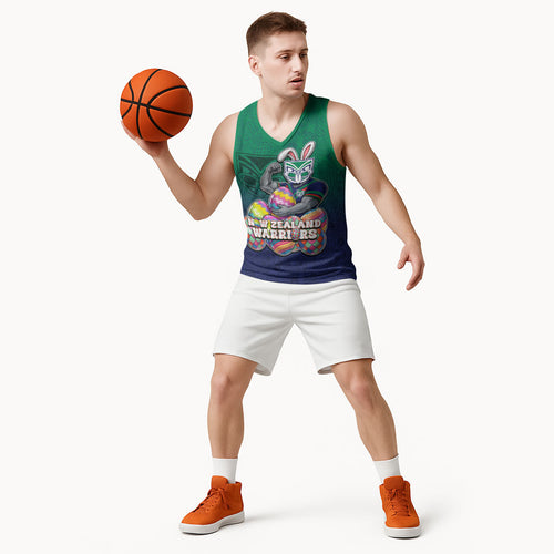Personalized New Zealand Warriors Basketball Jersey Easter Mascot - Colorful Eggs Cartoon Style