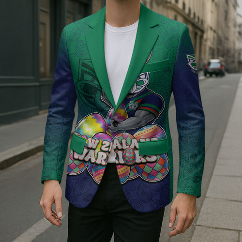 Personalized New Zealand Warriors Blazer Easter Mascot - Colorful Eggs Cartoon Style