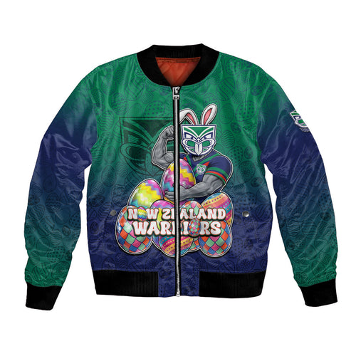 Personalized New Zealand Warriors Bomber Jacket Easter Mascot - Colorful Eggs Cartoon Style