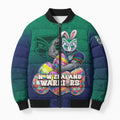 Personalized New Zealand Warriors Bomber Puffer Jacket Easter Mascot - Colorful Eggs Cartoon Style