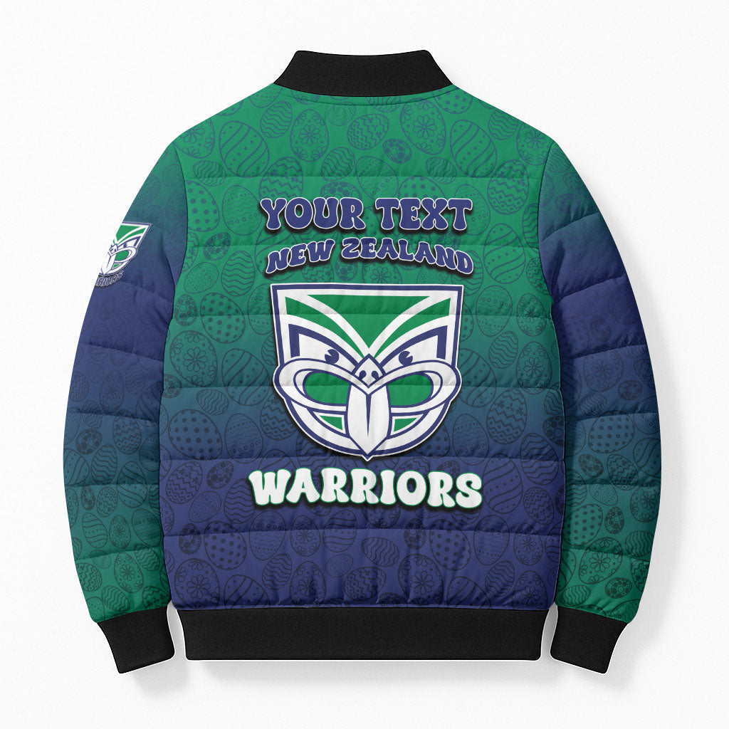 Personalized New Zealand Warriors Bomber Puffer Jacket Easter Mascot - Colorful Eggs Cartoon Style