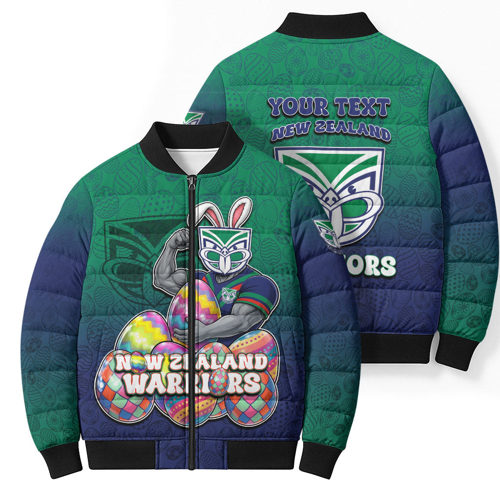 Personalized New Zealand Warriors Bomber Puffer Jacket Easter Mascot - Colorful Eggs Cartoon Style