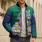 Personalized New Zealand Warriors Bomber Puffer Jacket Easter Mascot - Colorful Eggs Cartoon Style