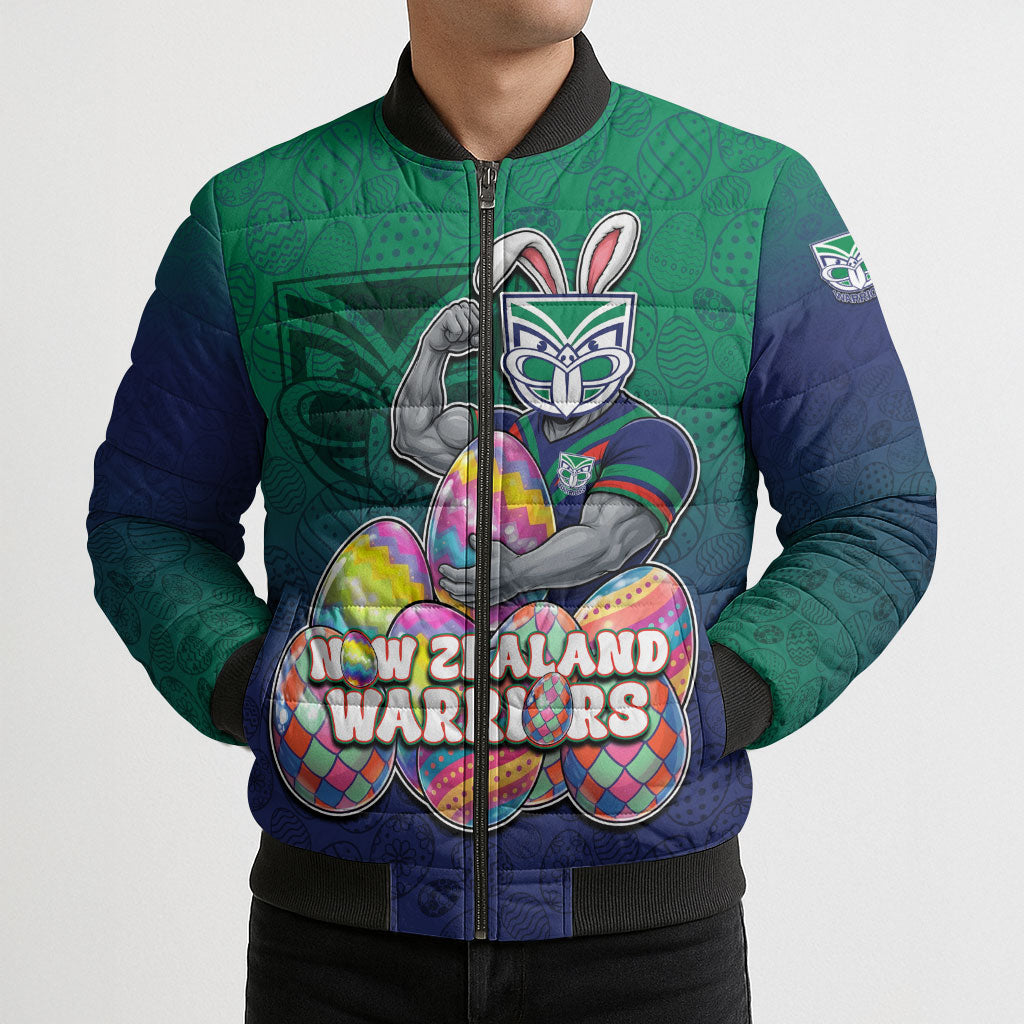 Personalized New Zealand Warriors Bomber Puffer Jacket Easter Mascot - Colorful Eggs Cartoon Style