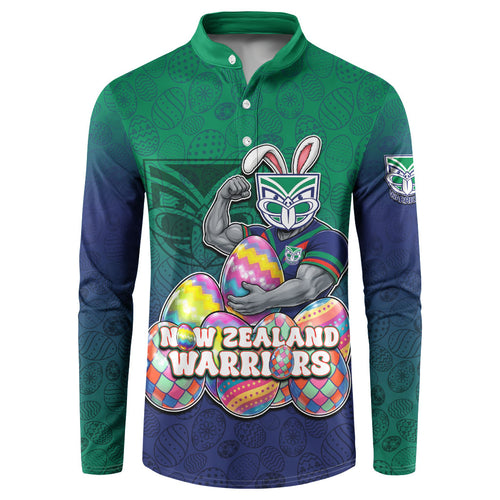 Personalized New Zealand Warriors Button Sweatshirt Easter Mascot - Colorful Eggs Cartoon Style