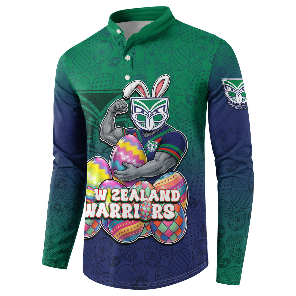 Personalized New Zealand Warriors Button Sweatshirt Easter Mascot - Colorful Eggs Cartoon Style