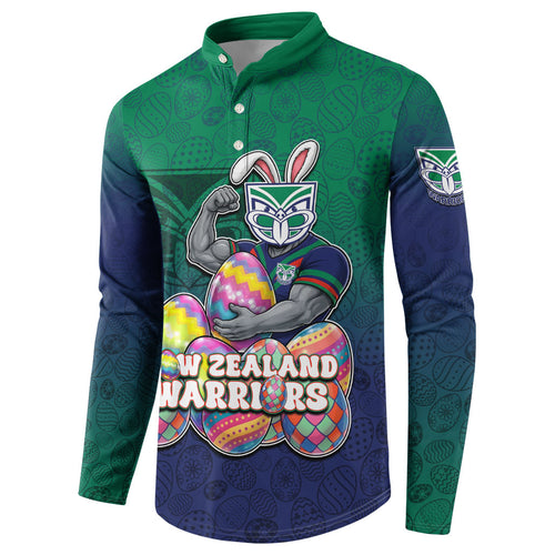 Personalized New Zealand Warriors Button Sweatshirt Easter Mascot - Colorful Eggs Cartoon Style