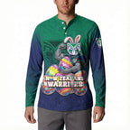Personalized New Zealand Warriors Button Sweatshirt Easter Mascot - Colorful Eggs Cartoon Style