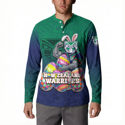 Personalized New Zealand Warriors Button Sweatshirt Easter Mascot - Colorful Eggs Cartoon Style