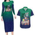 Personalized New Zealand Warriors Couples Matching Long Sleeve Bodycon Dress and Hawaiian Shirt Easter Mascot - Colorful Eggs Cartoon Style