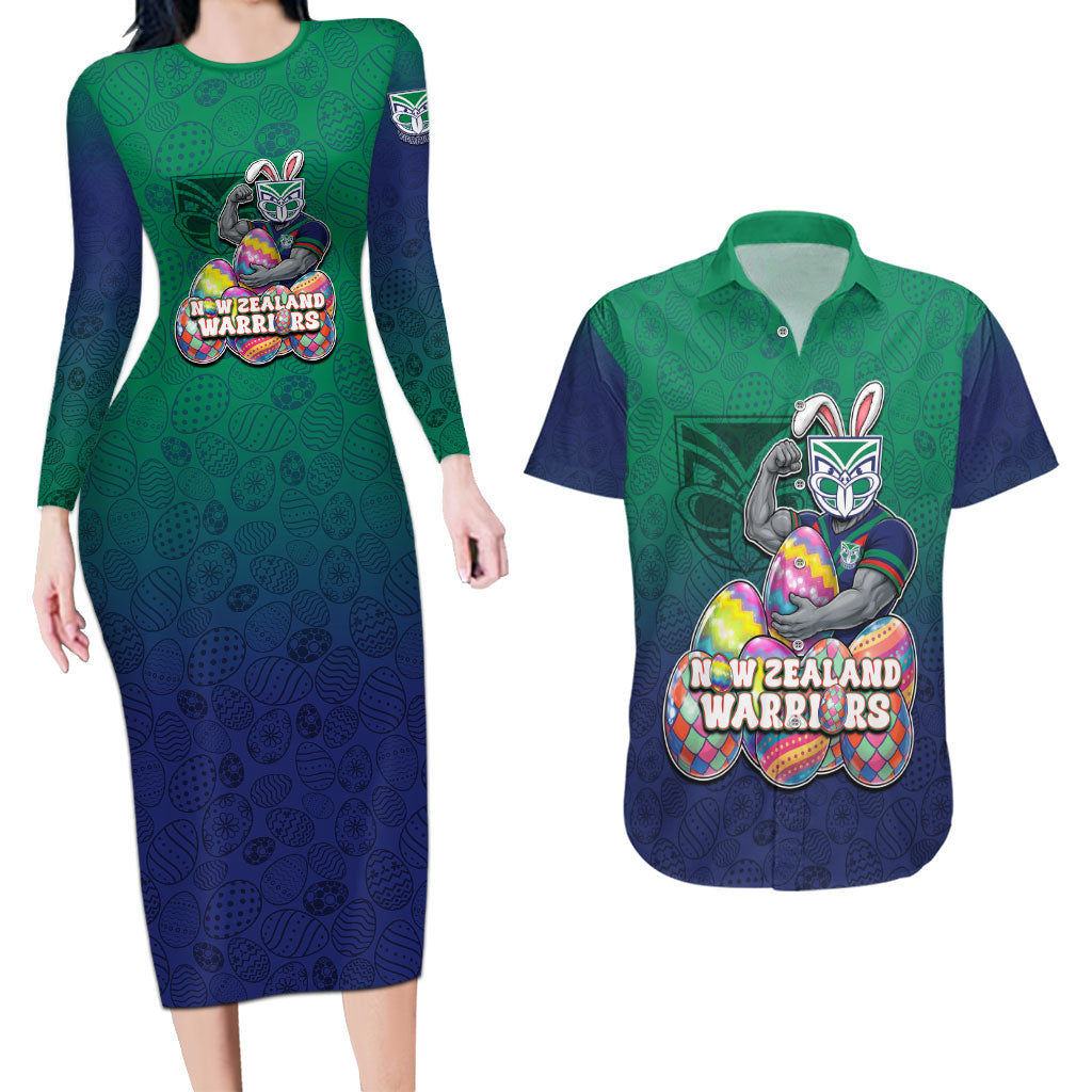 Personalized New Zealand Warriors Couples Matching Long Sleeve Bodycon Dress and Hawaiian Shirt Easter Mascot - Colorful Eggs Cartoon Style