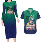 Personalized New Zealand Warriors Couples Matching Long Sleeve Bodycon Dress and Hawaiian Shirt Easter Mascot - Colorful Eggs Cartoon Style