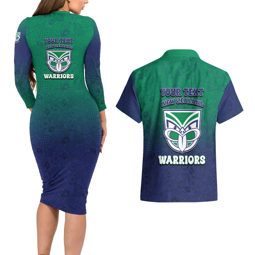 Personalized New Zealand Warriors Couples Matching Long Sleeve Bodycon Dress and Hawaiian Shirt Easter Mascot - Colorful Eggs Cartoon Style
