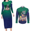 Personalized New Zealand Warriors Couples Matching Long Sleeve Bodycon Dress and Long Sleeve Button Shirt Easter Mascot - Colorful Eggs Cartoon Style