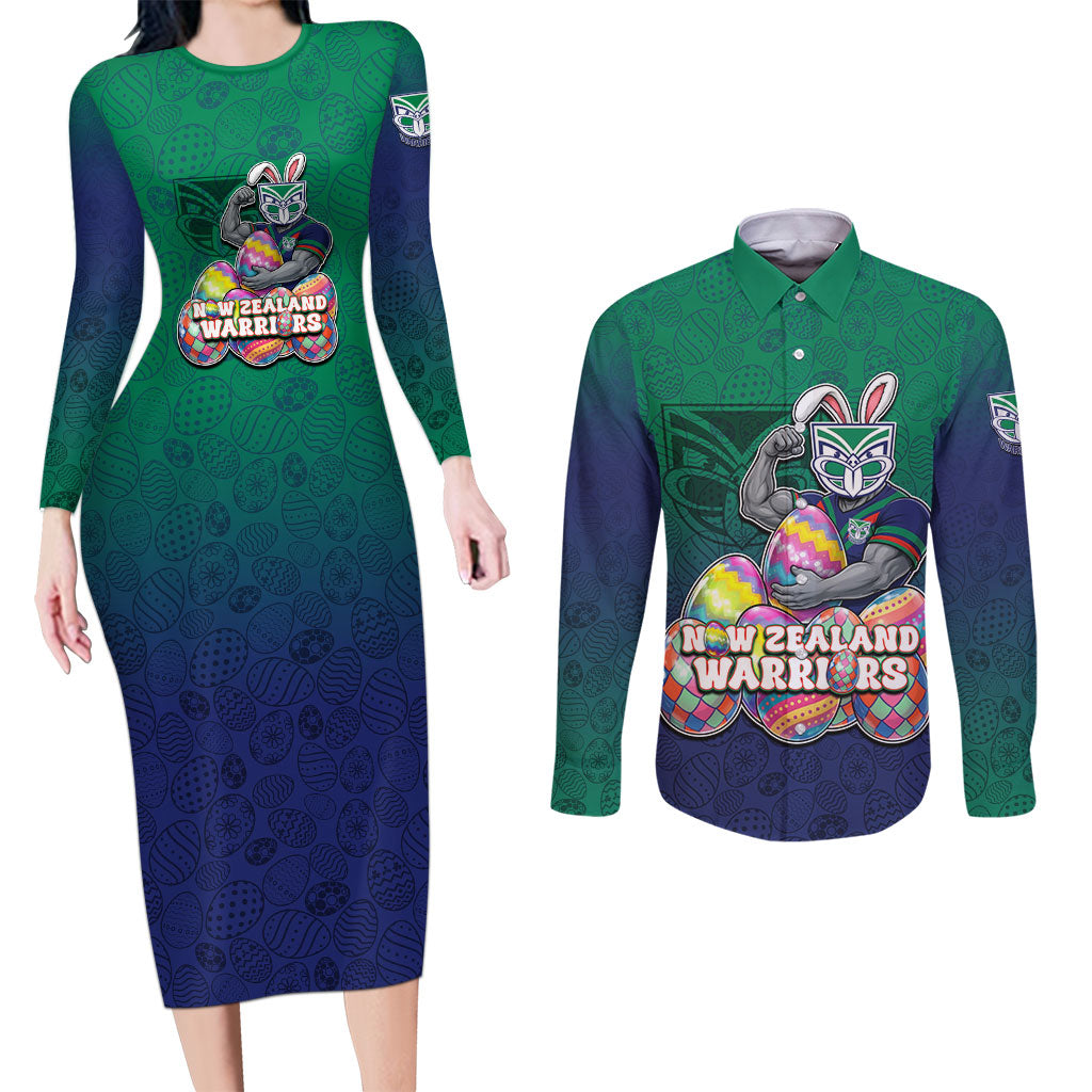 Personalized New Zealand Warriors Couples Matching Long Sleeve Bodycon Dress and Long Sleeve Button Shirt Easter Mascot - Colorful Eggs Cartoon Style