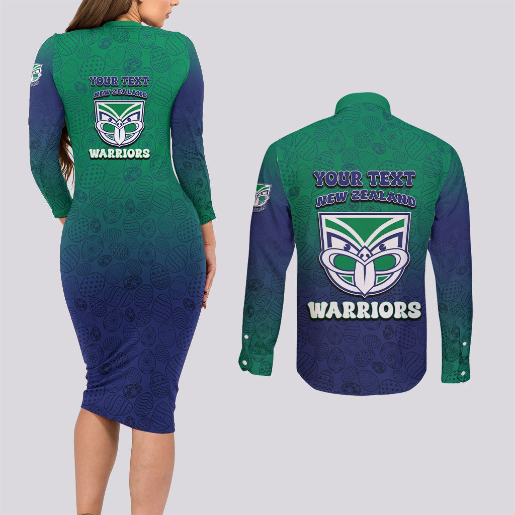 Personalized New Zealand Warriors Couples Matching Long Sleeve Bodycon Dress and Long Sleeve Button Shirt Easter Mascot - Colorful Eggs Cartoon Style