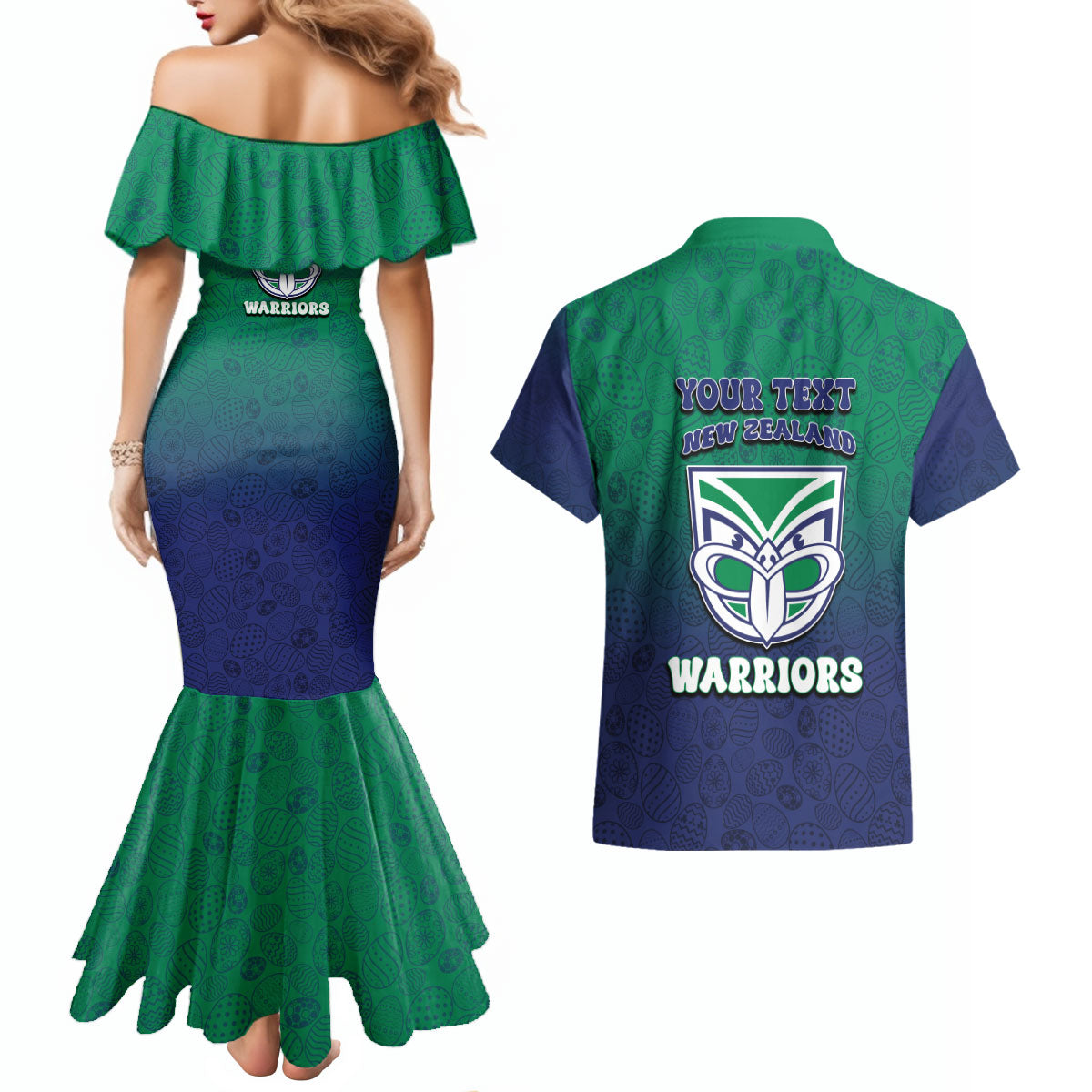 Personalized New Zealand Warriors Couples Matching Mermaid Dress and Hawaiian Shirt Easter Mascot - Colorful Eggs Cartoon Style