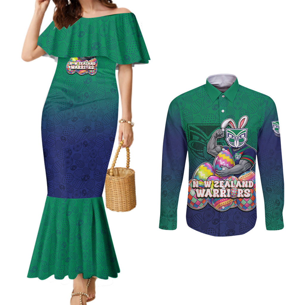 Personalized New Zealand Warriors Couples Matching Mermaid Dress and Long Sleeve Button Shirt Easter Mascot - Colorful Eggs Cartoon Style