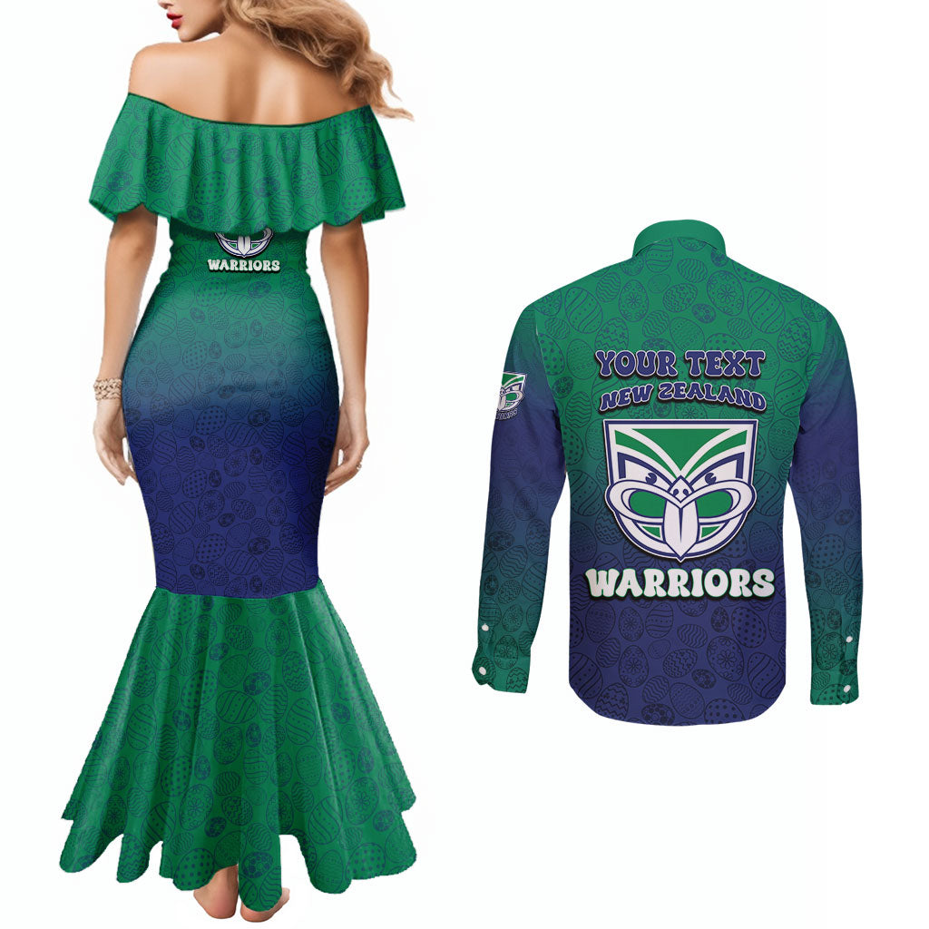 Personalized New Zealand Warriors Couples Matching Mermaid Dress and Long Sleeve Button Shirt Easter Mascot - Colorful Eggs Cartoon Style