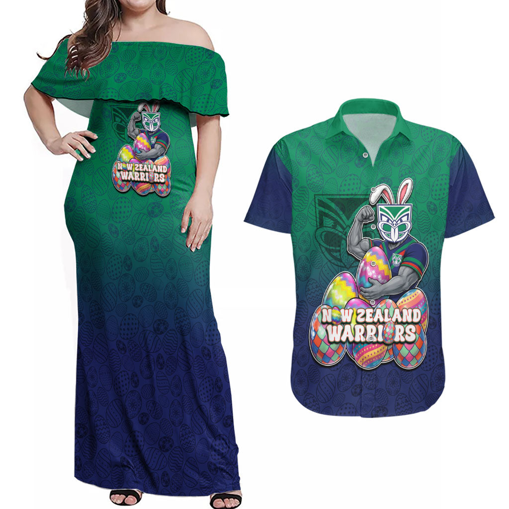 Personalized New Zealand Warriors Couples Matching Off Shoulder Maxi Dress and Hawaiian Shirt Easter Mascot - Colorful Eggs Cartoon Style