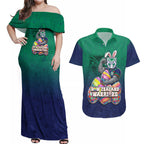 Personalized New Zealand Warriors Couples Matching Off Shoulder Maxi Dress and Hawaiian Shirt Easter Mascot - Colorful Eggs Cartoon Style